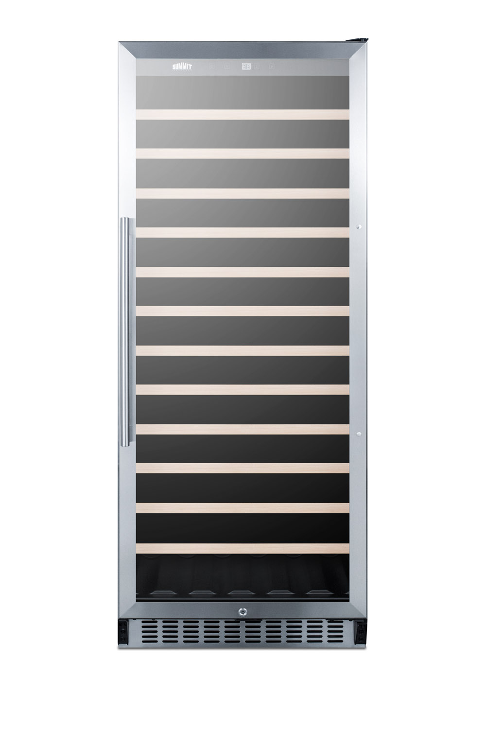 102 bottle single-zone commercial wine cellar designed for the display and refrigeration of beverages, with glass door, digital thermostat, and black cabinet